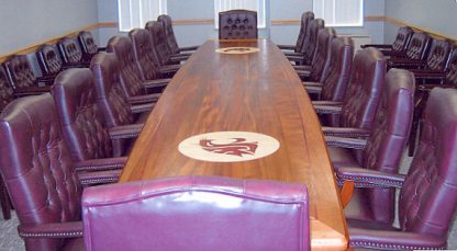 WSU inlaid mahogany conference table built by Specialty Woods