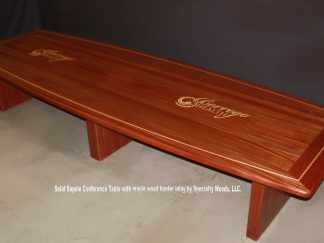 Solid Sapele conference room table with inlaid logo. Conference table with outlets. 15 feet long Sapele Solid wood conference table.